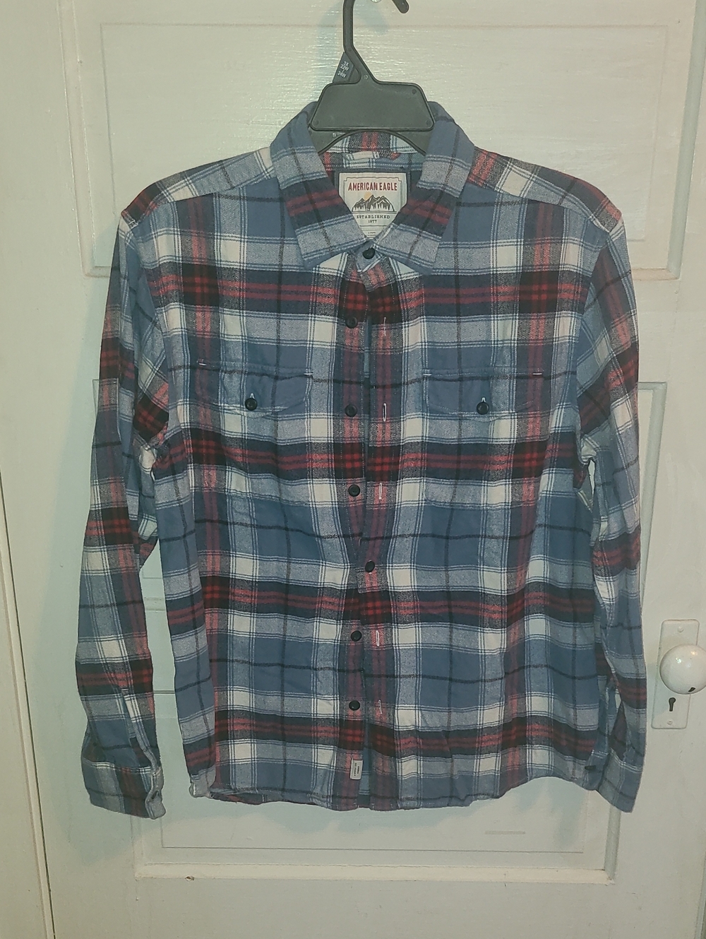 American Eagle Outfitters Blue, Red & White Plaid Button-Down Shirt